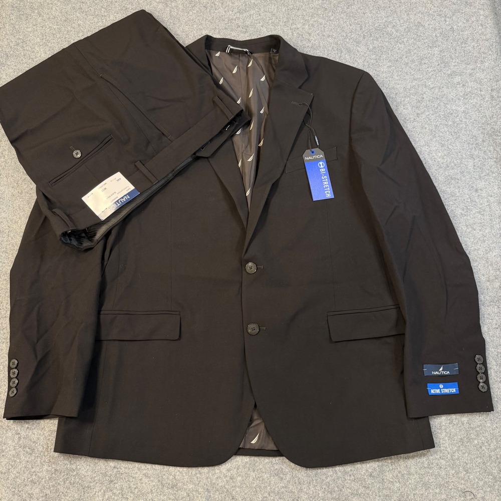 Nautica Mens 2 Piece Suit 44R W38 Black Solid Bi-Stretch Gaff NA000277 NWT